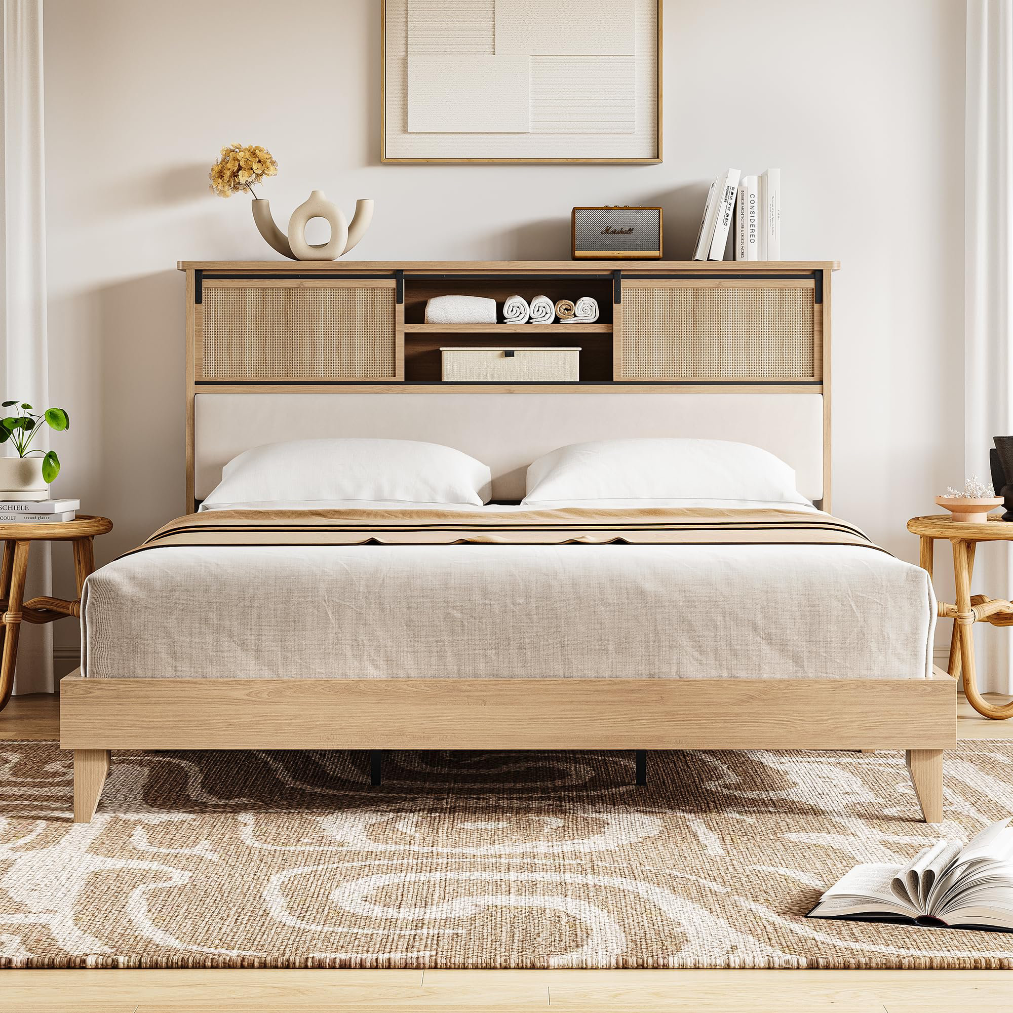 Rattan Full Bed Frame with Sliding Door Shelf Headboard Bohemian Rattan Bed Frame Full Size with Shelves George Oliver Size King